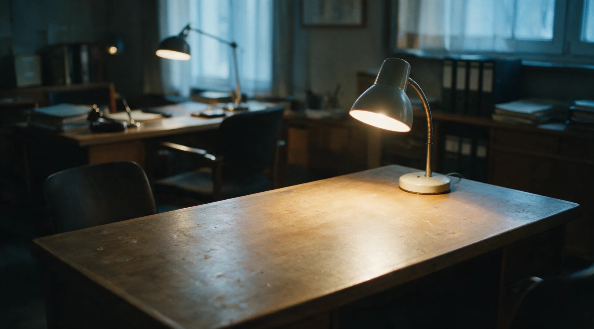Eine Schreibtischlampe wird im noch dunklen Büro eingeschaltet