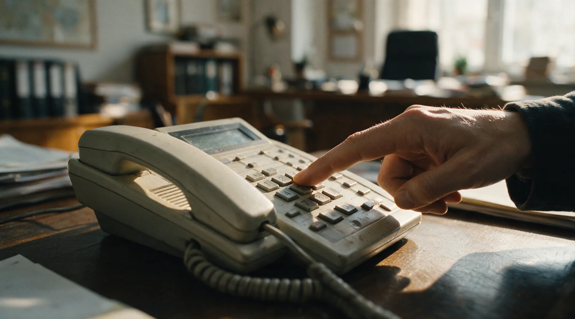 Ein Finger wählt an einem Bürotelefon