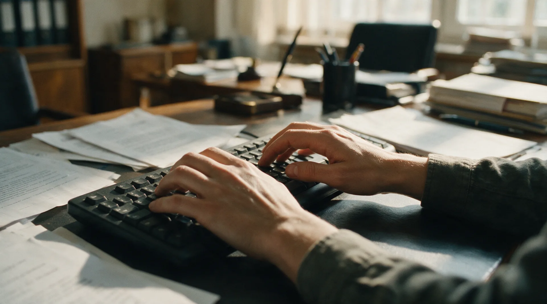 Hände schreiben auf einer Tastatur, daneben gedruckte Seiten